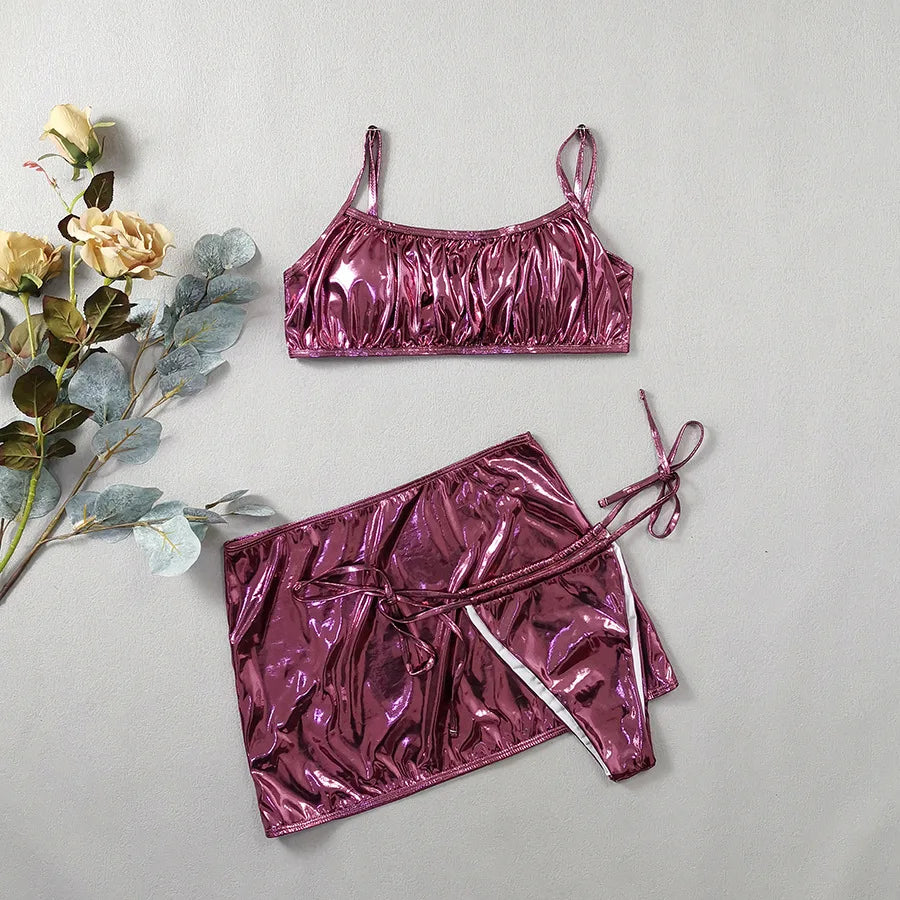 Shiny Pink Micro Thong 3 Piece Bikini Set Damen Women 2026 Sexy Swimsuit with Skirt Cover Up Bandeau Swimwear Beachwear Bikinis