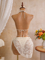 Sexy Mesh Cover Up 3 Piece Bikini Set 2026 Women White Metal Circle Push Up Bra Thong Swimwear Holiday Bathing Suit Swimsuit