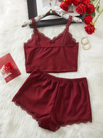 Summer Sleepwear Women Sexy Two Piece Pajama Set Ribbed Lace Trim Camisole Top and Shorts Lounge Nightwear Home Clothes