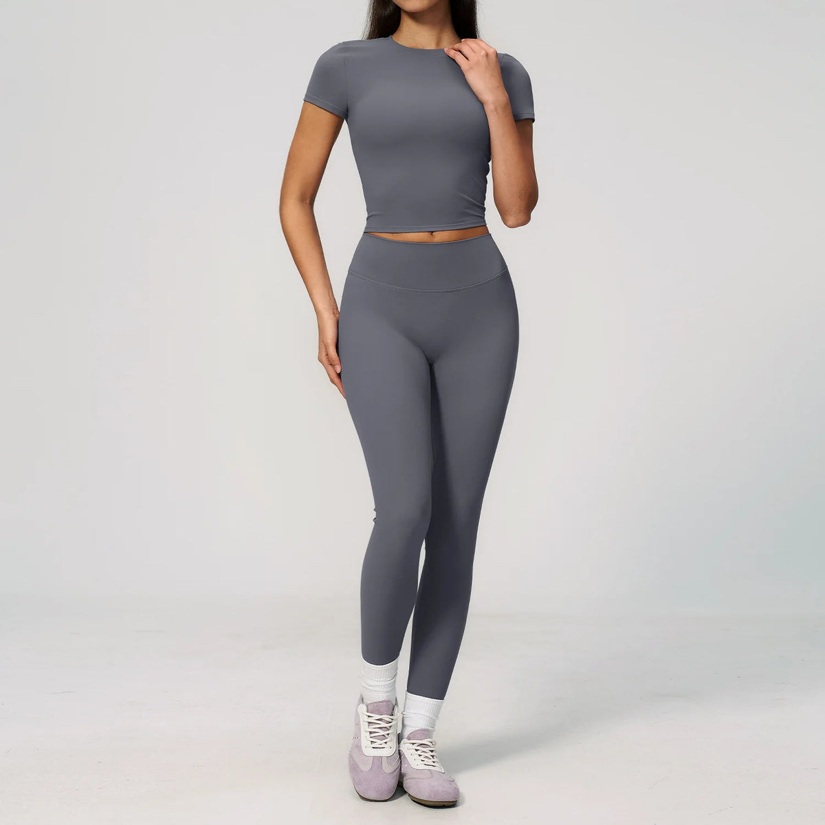 Creamy 2 Pieces Workout Suit Women Yoga Outfits Short Sleeve O Neck Slim Sports T Shirts High Waist Flare Pants Gym Fitness Sets
