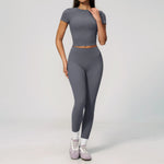 Creamy 2 Pieces Workout Suit Women Yoga Outfits Short Sleeve O Neck Slim Sports T Shirts High Waist Flare Pants Gym Fitness Sets