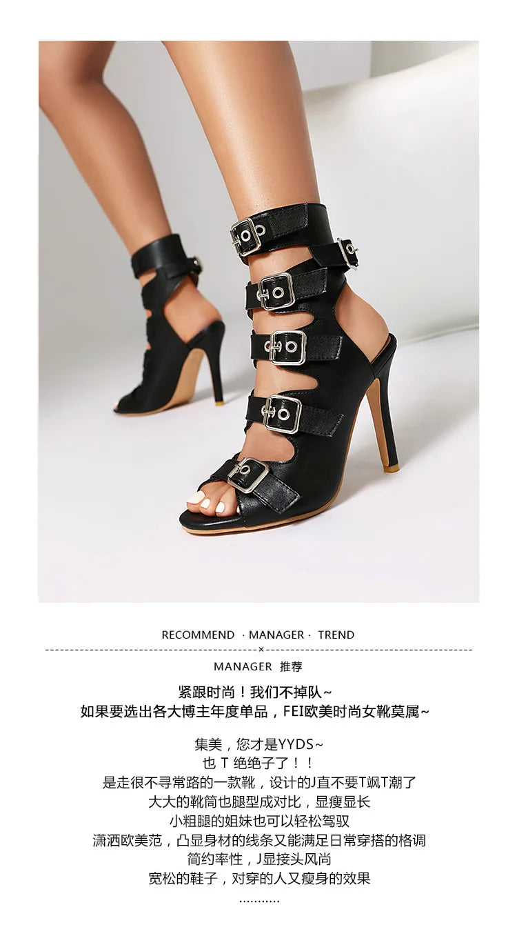 Fashion Buckle Women's Sandals Summer Shoes 2025 Sexy Cut-outs High Heels Black Peep Toe Footwear Party Office Dance Shoes Girls