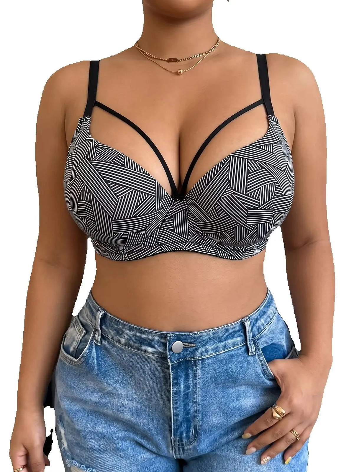 Plus Size Geometric Print Bra Women Underwire Push Up Bra Adjustable Strap 3 Hooks Back Side Support Ladies Lingerie