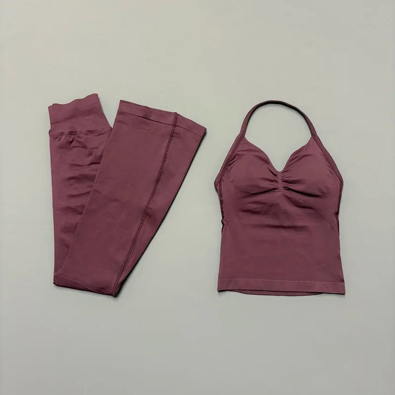 2 Piece Yoga Flares Leggings Set Seamless Women Gym Tank Top and Booty Lift Fitness Flared Pants Open Back Workout Sports Suit