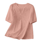 Women Summer Loose Embroidered V Neck Solid Color Short Sleeved Comfortable Button Down Shirt Top женская одежда