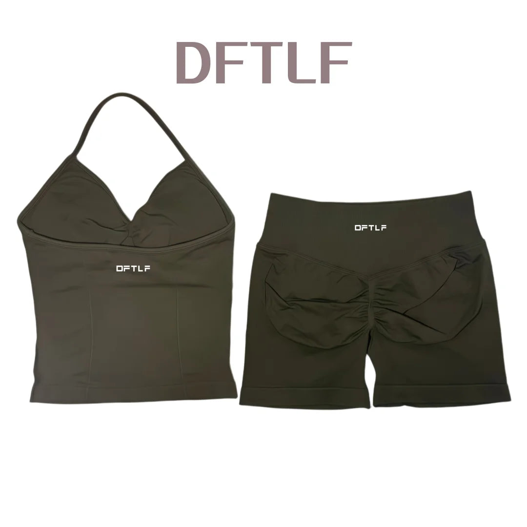 DFTLF 2 Pieces Sports Set Women Backless Tank Yoga Tops High Waist Scrunch Seamless Shorts Sport Gym Set Sportswear Workout Set