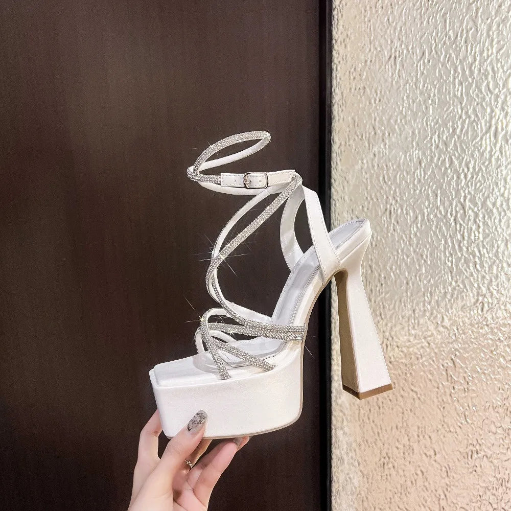 15CM Sexy Party Women's Pumps Summer Sandals Thick High Heel Platform Fish Mouth Shoes Black White Sandalias De Mujer