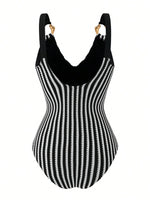 Vintage Black Striped Swimwear Skirts Set Women 2026 Metal Buckle Strap V Neck Slimming Bathing Suit Holiday One Piece Swimsuit