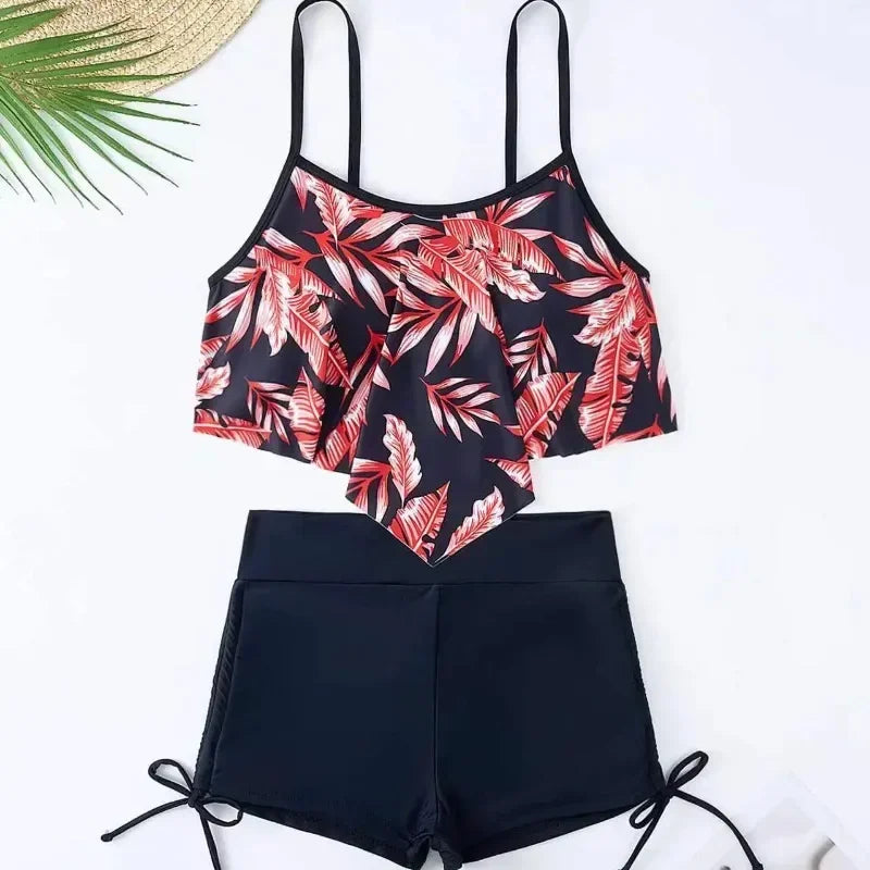 New Green Orange Ruffle Tankini Sets Swimwear High Waist Women Two Pieces Swimsuit Summer Drawstring Sporty Shorts Bathing Suits