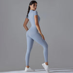 Naked zipper short sleeved yoga suit jumpsuit, quick drying breathable outdoor sports tight fitting jumpsuit, fitness suit