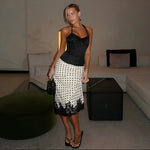 FDYOUI Elegant Polka Dot White Skirts for Women Chic Low Waist Lace Patchwork Mid-calf Skirt Office Lady Slim Dress Streetwear