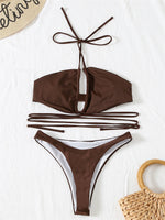 Solid Color Bikini Sexy Hollow Out Bandage Cross Thong Swimwear Women Halter Backless Bathing Suit High Waist Swimsuit 2026 New
