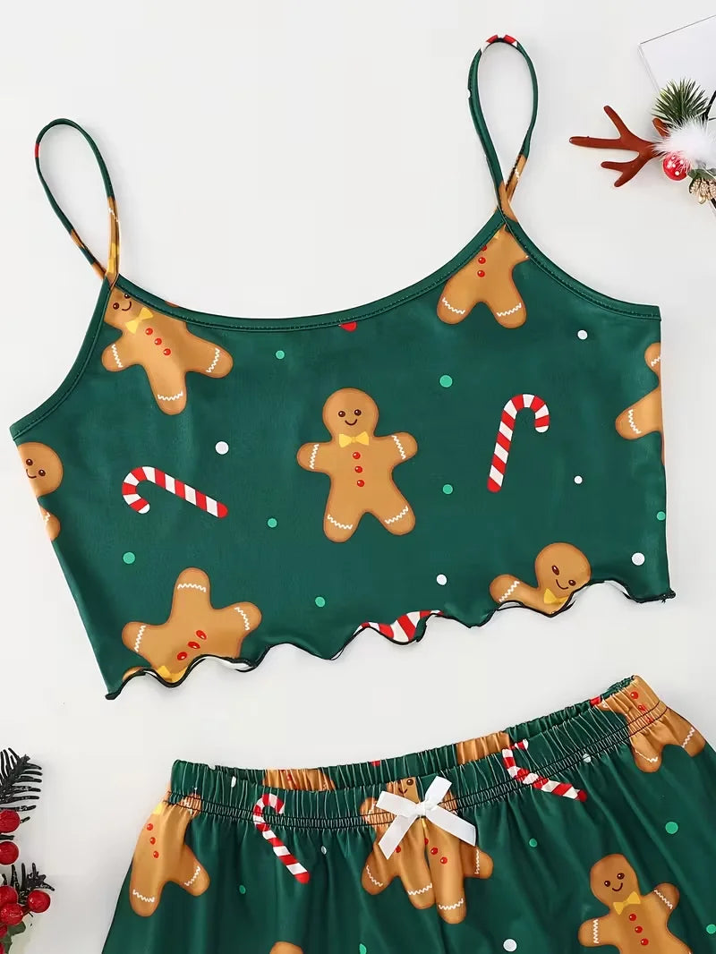 Christmas Clothes Cute Soft Gingerbread Print 2 Pieces Pajama Set Women's Sleepwear Crop Tops and Shorts Sets Loungewear