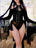 Women Mesh Sheer Bodysuits Flare Long Sleeve Cold Shoulder Spider Web Bodycon Body Tops Halloween Party Gothic Clubwear