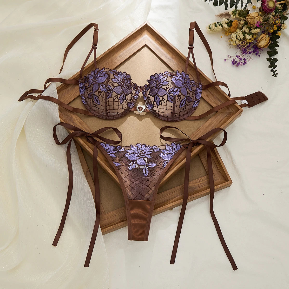 Purple Floral Embroidery Fishnet Lingerie Set Women Sheer Underwire Bra Side Tie Thong Sexy Ladies Underwear ZA825200