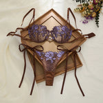 Purple Floral Embroidery Fishnet Lingerie Set Women Sheer Underwire Bra Side Tie Thong Sexy Ladies Underwear ZA825200