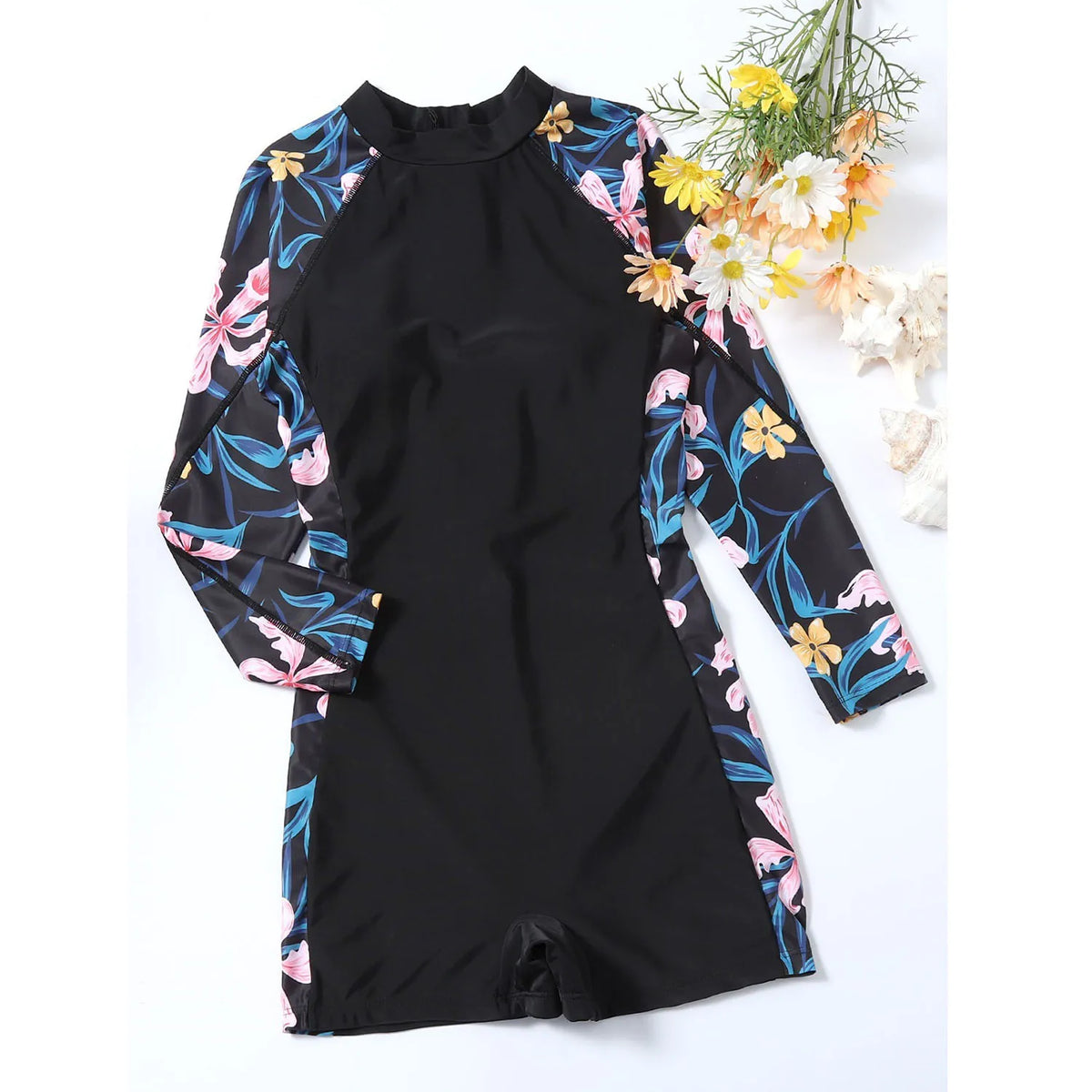 2023 New One Piece Swimsuit Women Floral Long Sleeve Swimwear Zipper Surfing Monokini Push Up Body Suit Beachwear Bathing Suit