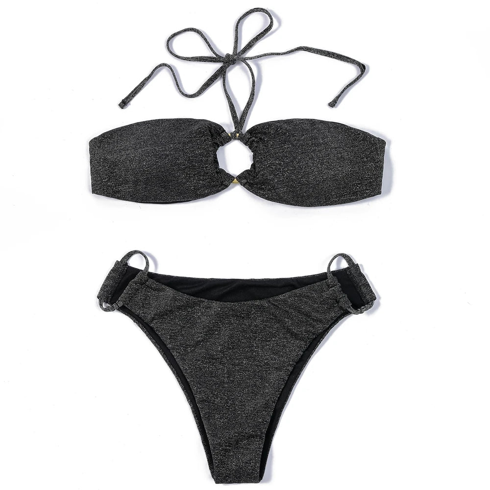 ZTVitality Shiny Black Women Swimsuit Sexy Bikini 2022 New Arrival Halter Padded Bandage Ring Beach Swimwear Brazilian Biquini