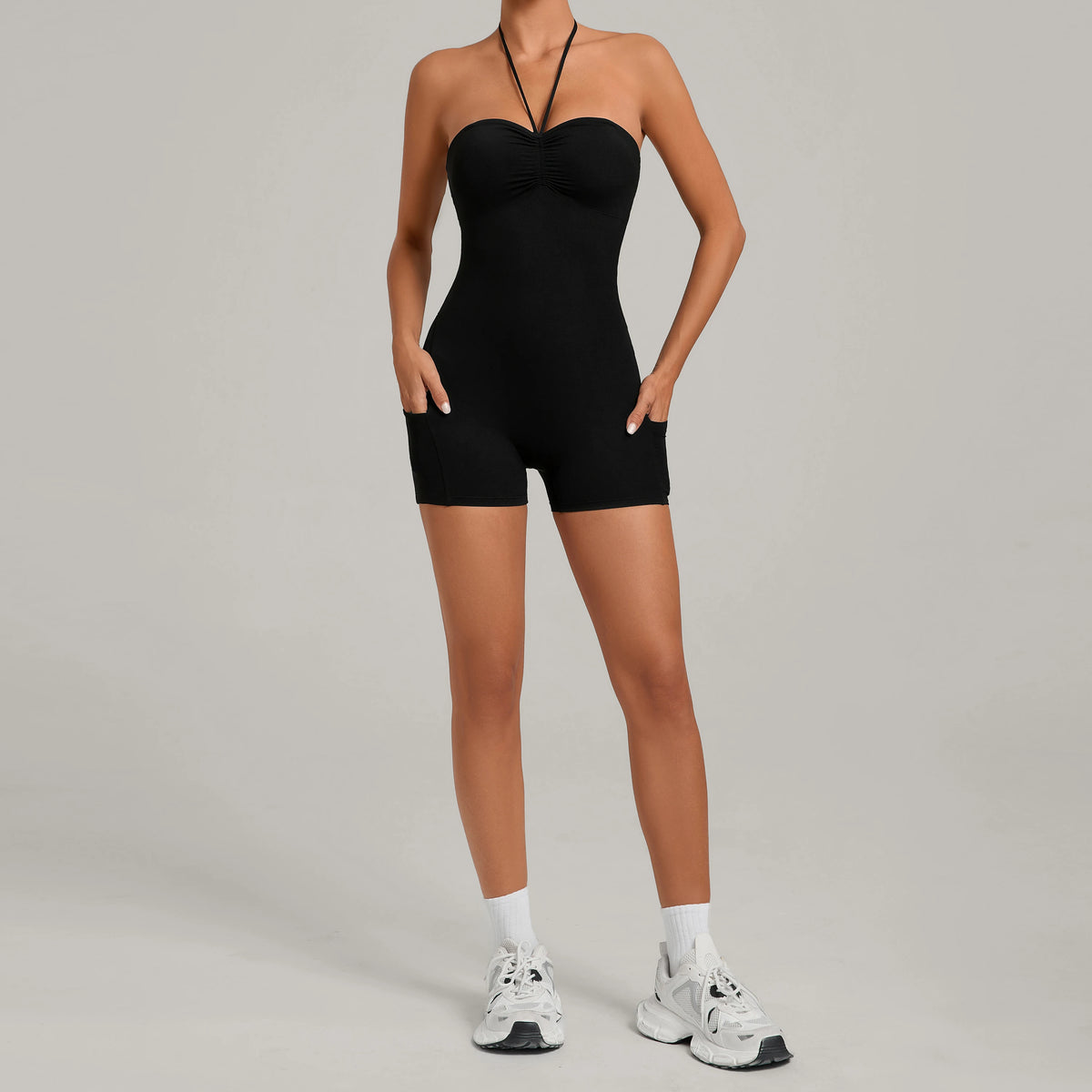 Womens Two Way Wear Bodysuit Sleeveless Yoga Stretch One Piece Romper Sexy Fitness Side Pockets Sportwears Bodysuit