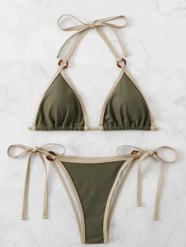 Women Green Halter Micro Ring String Bikini Sets Two Pieces Tie Thong Swimsuit Swimwear Bathing Suit Beach Outfits Biquini