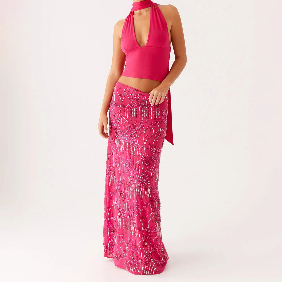 Elegant Beading Sequined Long Skirt for Women Summer Casual Floral Embroidery Maxi Straight Skirts for Beach Club Streetwear