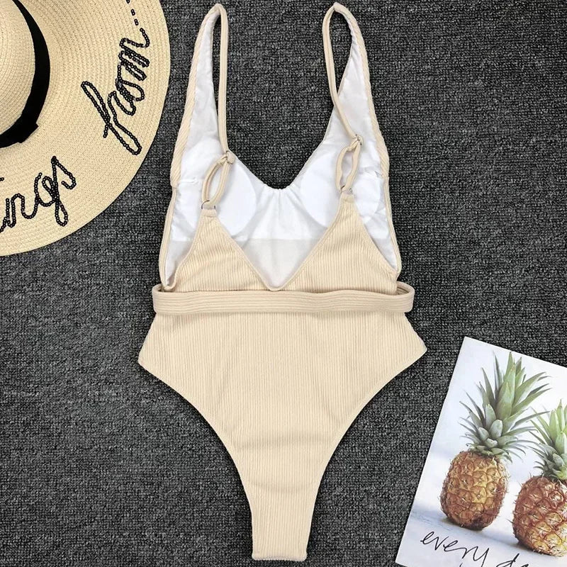 V Neck Ribbed High Leg Cut Women Swimwear One Piece Swimsuit Female Backless Monokini Bather Waist Belt Bathing Suit Swimwear