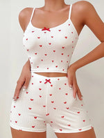 Women Summer Pajamas Sleepwear Heart Print Casual Backless Crop Cami Top & High Waist Shorts 2 Pieces Set Loungewear