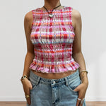 Women Summer Smock Tank Tops Casual Fashion Ruffle Hem Plaid Print Sleeveless Shirt Basic Vest Streetwear