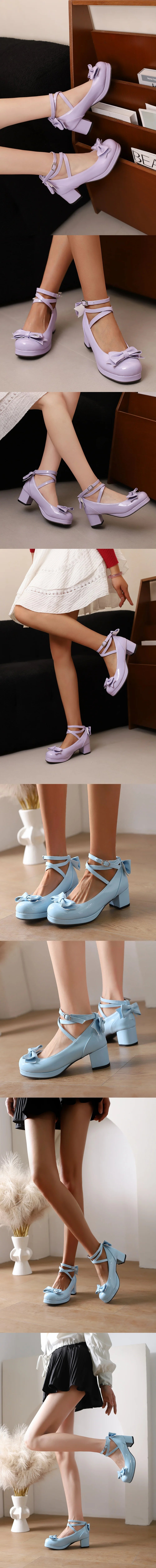 Big Size 50 Sweet Purple Mary Janes Pumps Cute Blue Bow Knot Block Heels Shoes Women White Lovely Lolita Pink y2k Platform Shoes