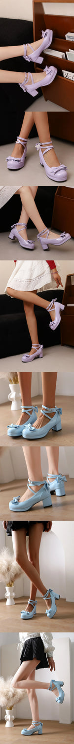 Big Size 50 Sweet Purple Mary Janes Pumps Cute Blue Bow Knot Block Heels Shoes Women White Lovely Lolita Pink y2k Platform Shoes