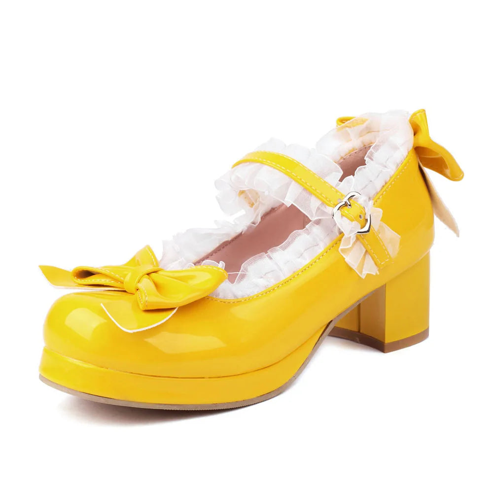 2025 Plus Size 30-48 Women's Candy Colors Mary Janes Pumps Bow Tie Ruffles Black Pink Platform Sweet Block Heels Lolita Shoes