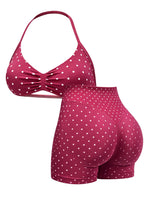 Sexy Black Polka Dot Print Seamless Yoga Sets Women Hanging Neck Pleate Sports Bra Tight High Waist Short Running Fitness Suits