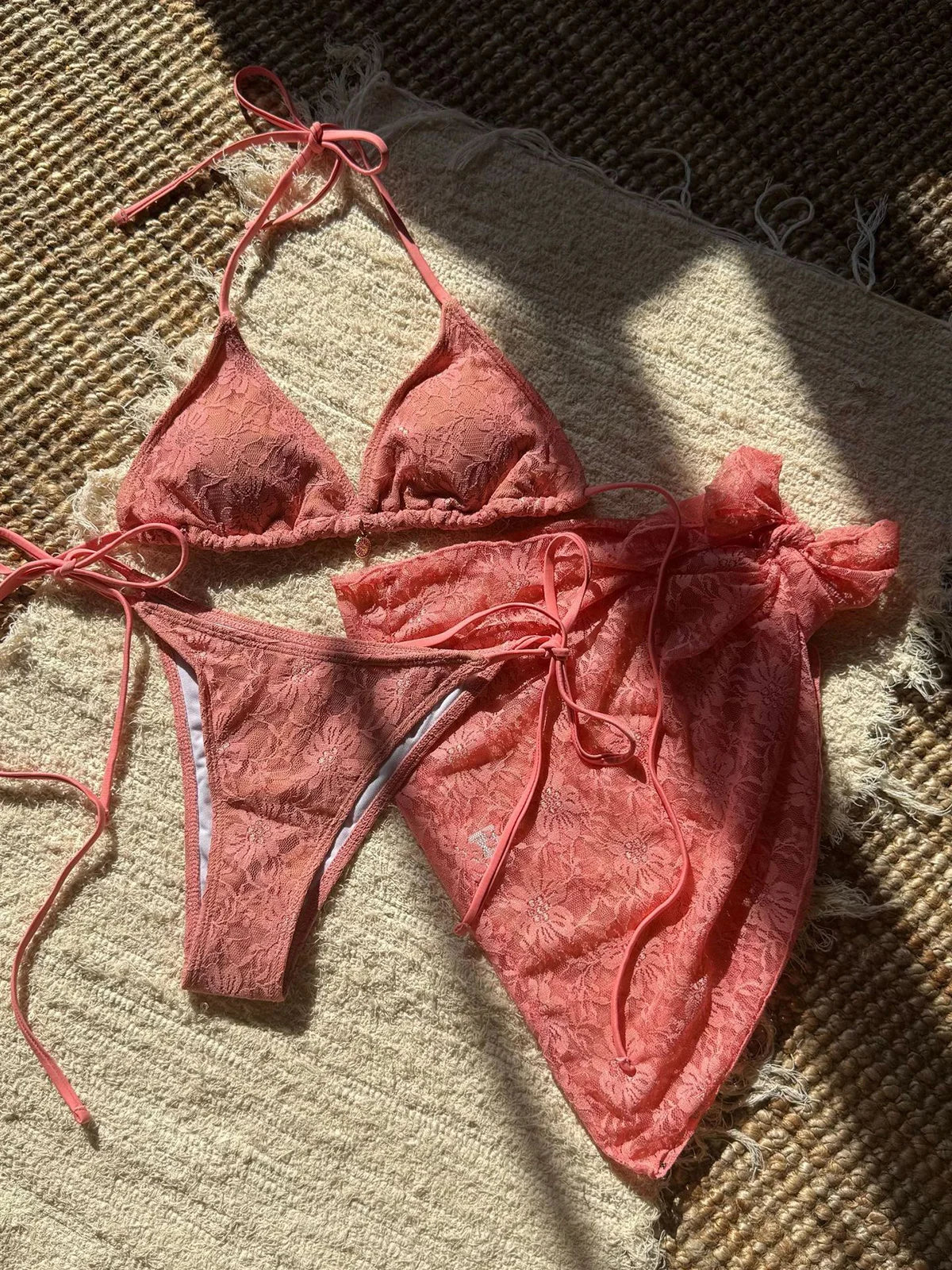 Mesh Sarong Lace Halter High Cut Bikini Female Swimsuit Women Swimwear Three-Pieces Bikini Set Bather Bathing Suit Swim V6284