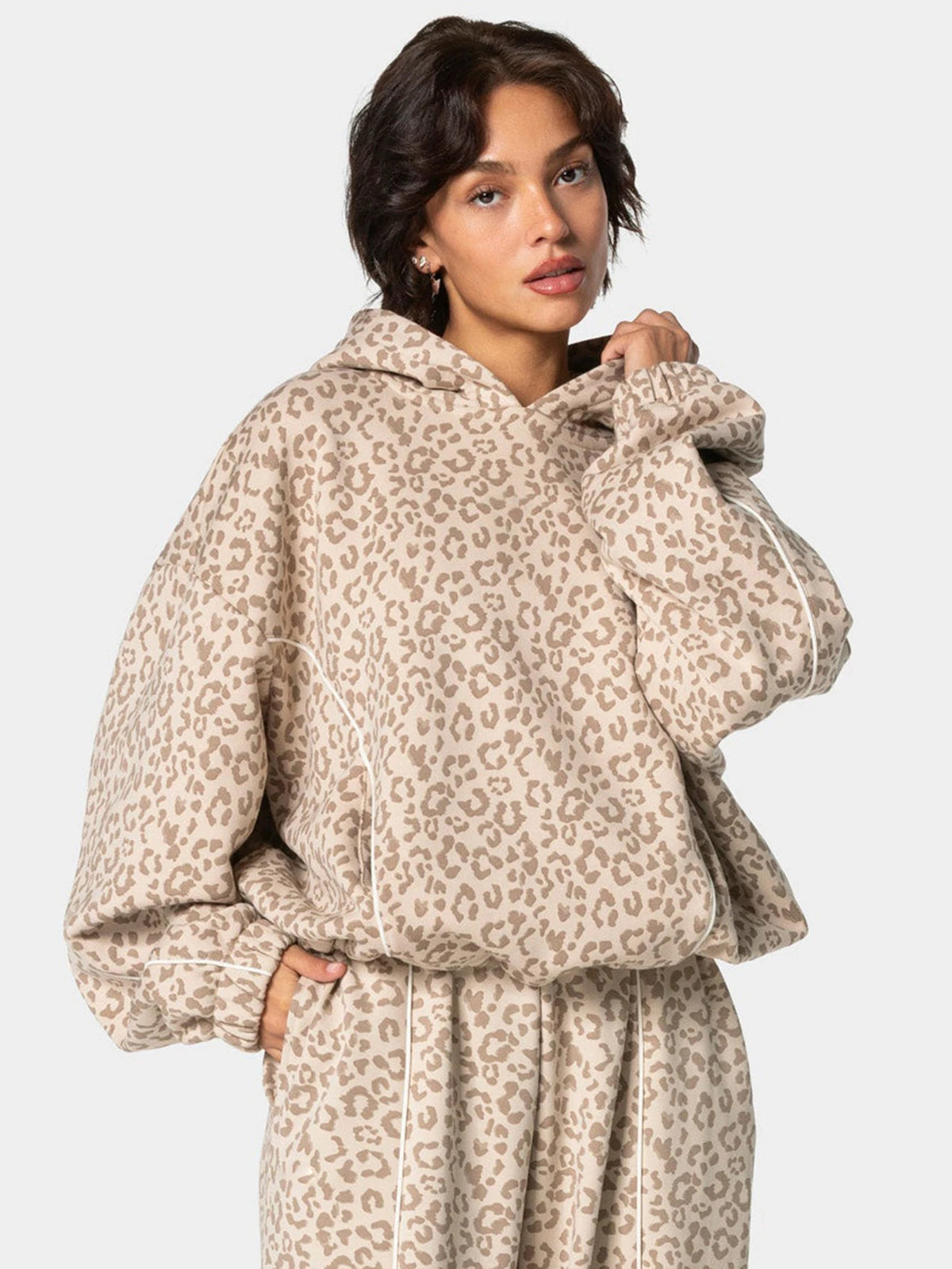 Vintage Leopard Hooded Sweatshirt Suit Loose Fit Contrast Line Wide Leg Trousers Fashion Athletic Tracksuit Outfit