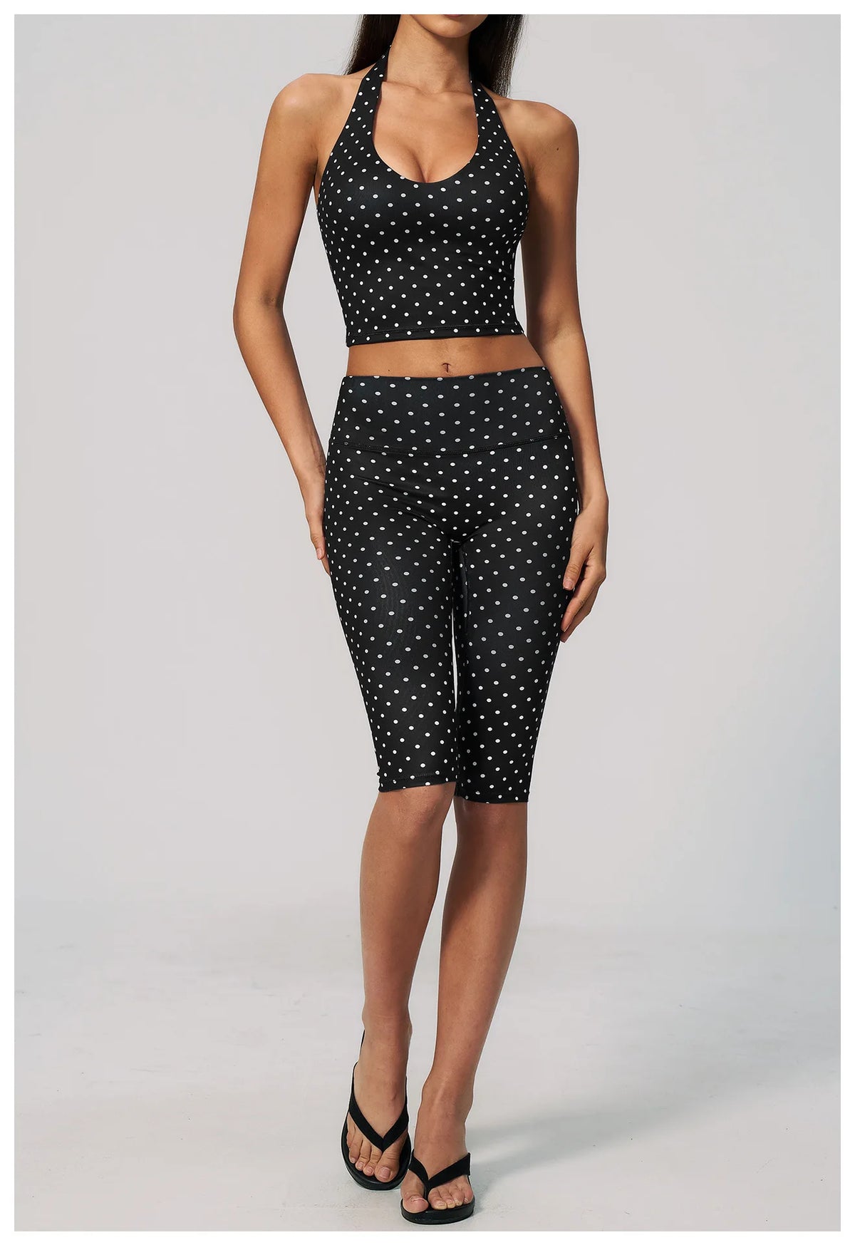 New Summer Women White Polka Dot Print Yoga Sets Hanging Neck Slim Sport Vest High Waist Mid Pants Gym Two-piece Workout Clothes