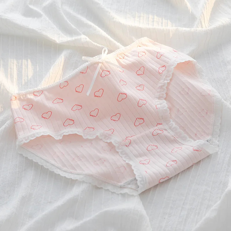 5Pcs/Set Cute Rabbit & Heart Briefs Women's Sweet Style Cotton Panties Mid-Rise Breathable Underwear Cotton Lingerie M-XL
