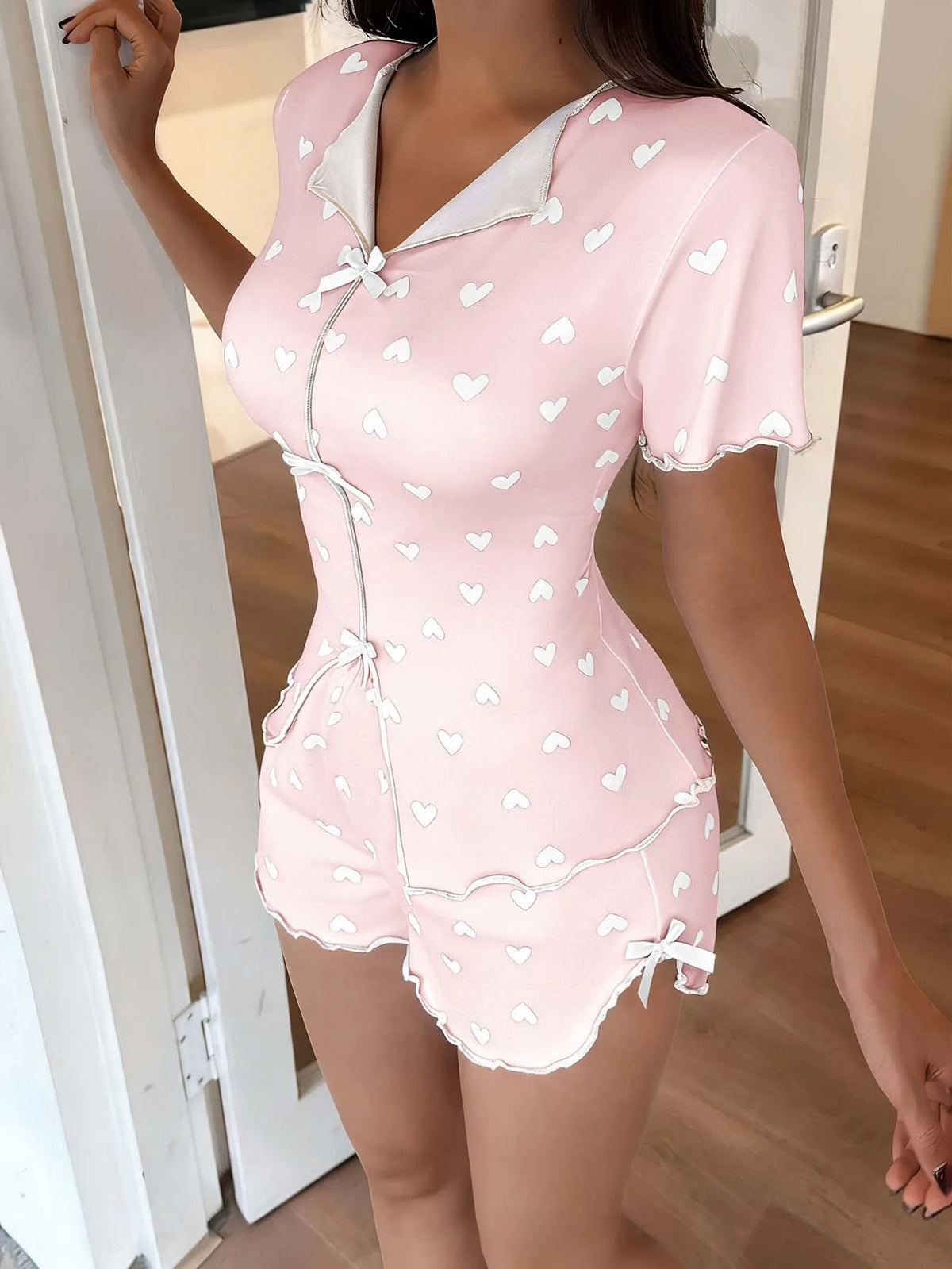 Women's Sleepwear Pajama Set Top and Shorts 2-piece Pajama Set Love Printed Lapel Bow Women's Loungewear