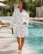 Women Soft Casual Home Loungewear Sleepwear White Terry Cloth Bathrobe Cute Cherry Print Loose Belted Dressing Gown