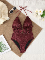 Vintage Wine Leopard Print Swimwear Women 2026 Deep V Neck Back Cross Tummy Control One Piece Swimsuit Holiday Bathing Suit