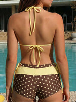 DEKA Women Shorts Swimwears Polka Dot 2-Piece Tankini Set Halter V Neck Front Tie Cami Top & Contrast Waistband Drawstring Swim