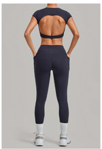 Yoga Set Women's Tracksuit Short Sleeve Back Hollow Out Sports Top Athletic Wear Tight High Waist Pocket Leggings Fitness Suits