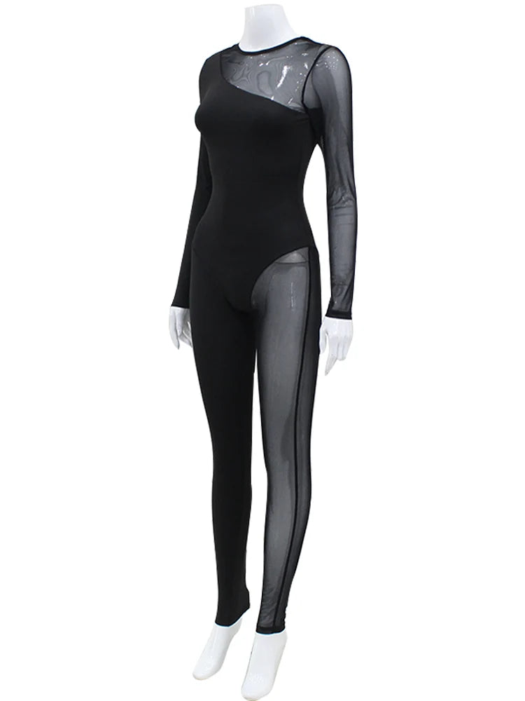 AHAgaga Winter Sexy See Through Mesh Rompers Women Jumpsuits Fashion O-Neck Zipper Skinny Slim Jumpsuit Woman Midnight Overalls