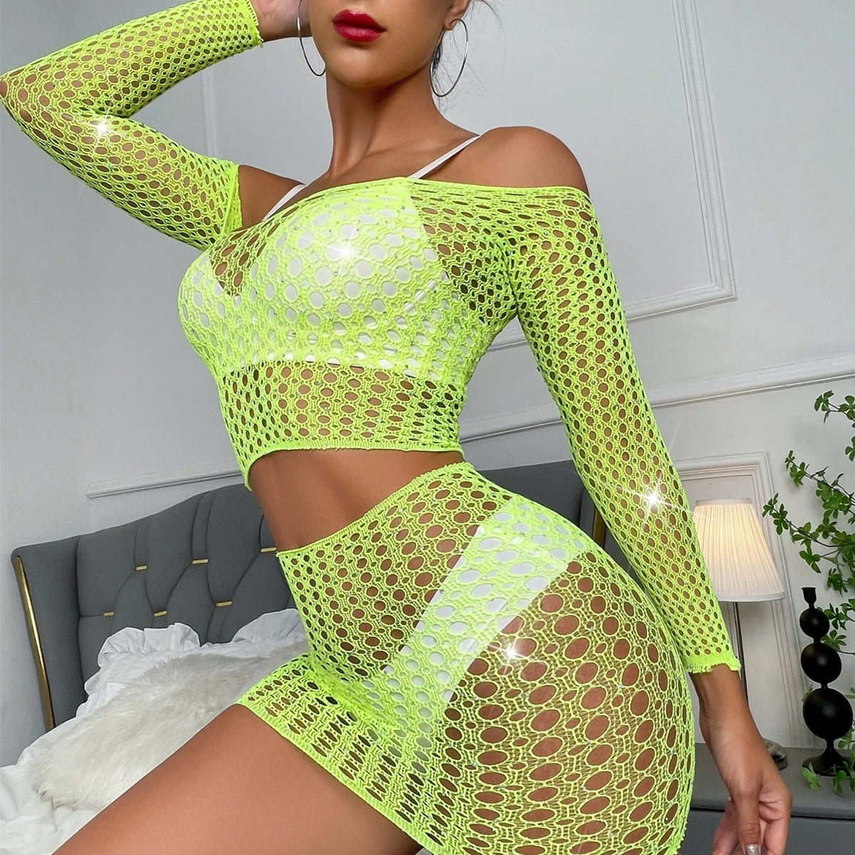 Mature and plus-size women's clothing, fishnet dress, sheer design, suitable for nightclub wear, and a sexy lingerie set.