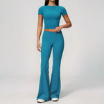 Creamy 2 Pieces Workout Suit Women Yoga Outfits Short Sleeve O Neck Slim Sports T Shirts High Waist Flare Pants Gym Fitness Sets