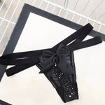 Sexy Women's Thong Erotic Cross Hollow T Pants Starry Sky Shiny Sequins Black Mesh Transparent Bow Perspective Briefs Lingerie
