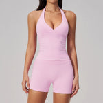 New Seamless Yoga Thread Set Women Hanging Neck V Neck Slim Sports Tank Top Hip Lifting Abdominal Tightening Shorts Fitness Suit