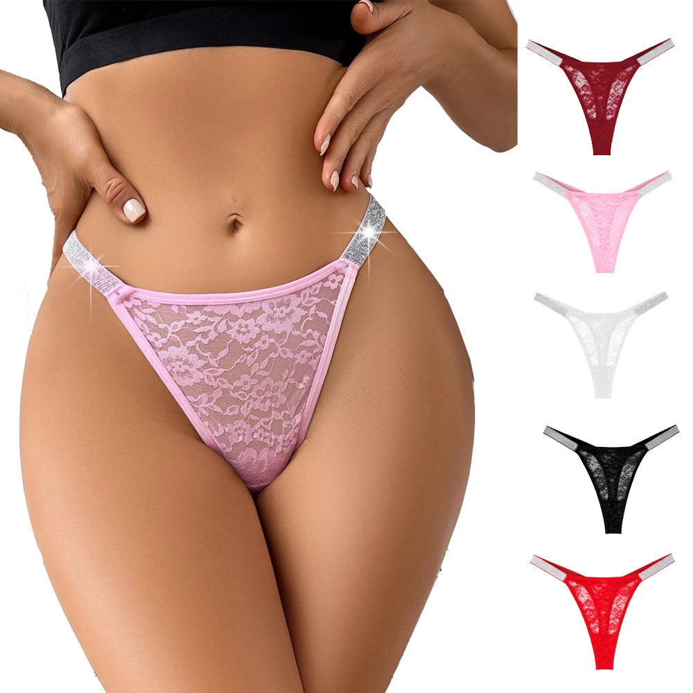 5Pcs Women’s Sexy Lace Thong Panties Low Rise Rhinestone Belt See-Through Floral G-String Shiny Comfortable Intimates Underwear