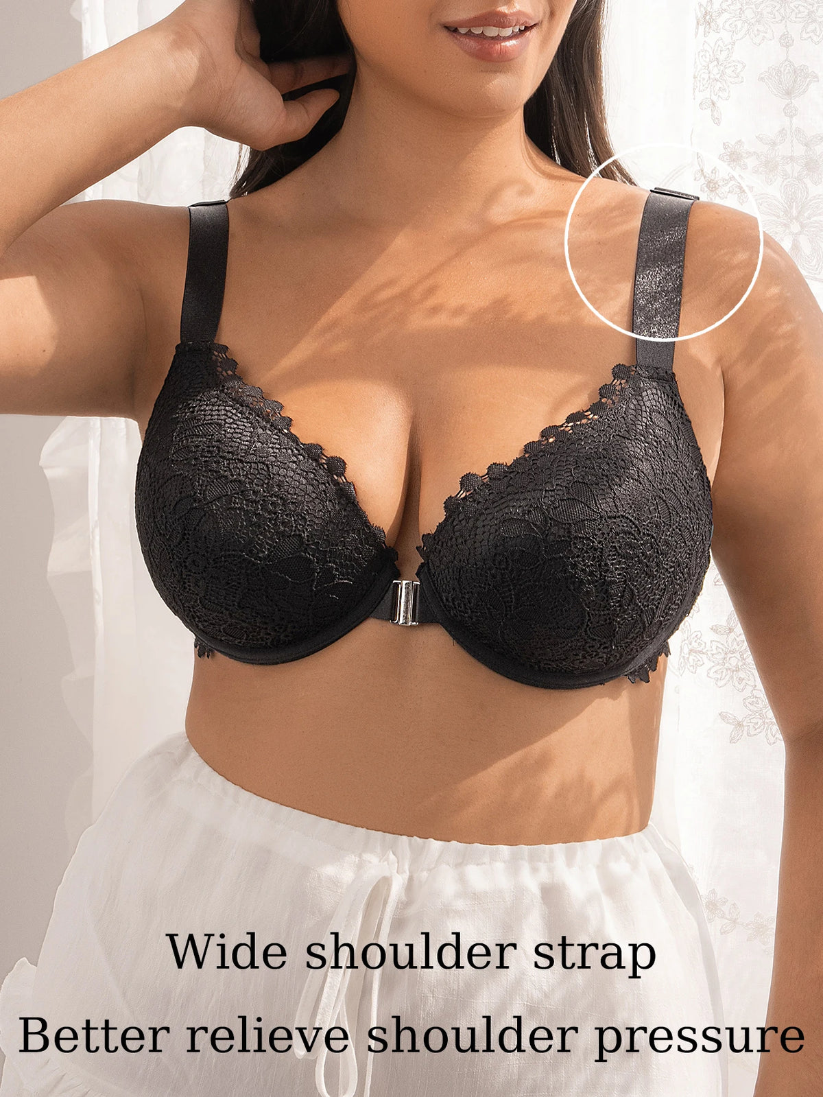 Wide Strap Lace Women Bra Front Closure Underwire Push Up Brassiere Plus Size C D E Cup Breathable Back Lingerie