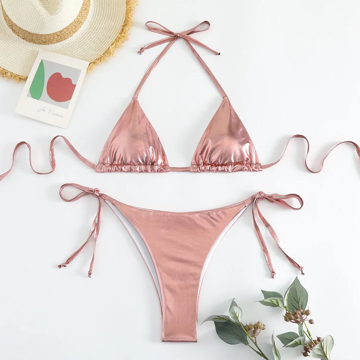 Sexy Red Shiny Triangle Micro Thong Bikinis Sets for Women Mini Swimwear Bathing Suits String Halter Bikini Mujer Swimsuit 2026