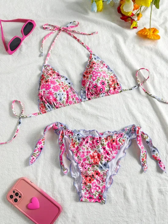 Women Cute Bikini Set 2025 New Summer Orange Floral Print Halter Ruffles Push Up Tie Side Thong Swimsuit Bathing Suit